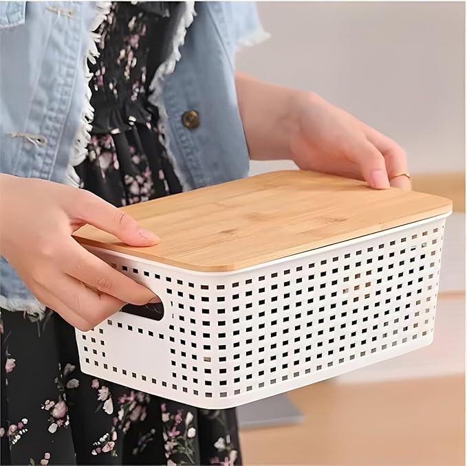 Pet Storage Organizer Bins with Engraved Bamboo Lids (6 Pack) Dog Toys Storage Bins with Bamboo Lids Cat Toys Organizer for Home (Pet Essentials Set)