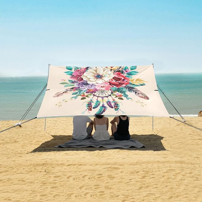 ALAZA Dreamcatcher Flowers Floral Beach Tent Sun Shelter UPF50+ Protection Beach Shade Canopy w/ 4 Sandbags for Outdoor Camping Fishing Backyard Fun Picnic 10x9 ft