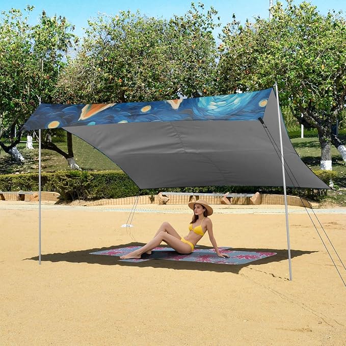 ALAZA Wolf Starry Night Galaxy Beach Tent Sun Shelter Portable Canopy Sunshade for Outdoor Camping Picnics Backyard Fun 10x9 ft