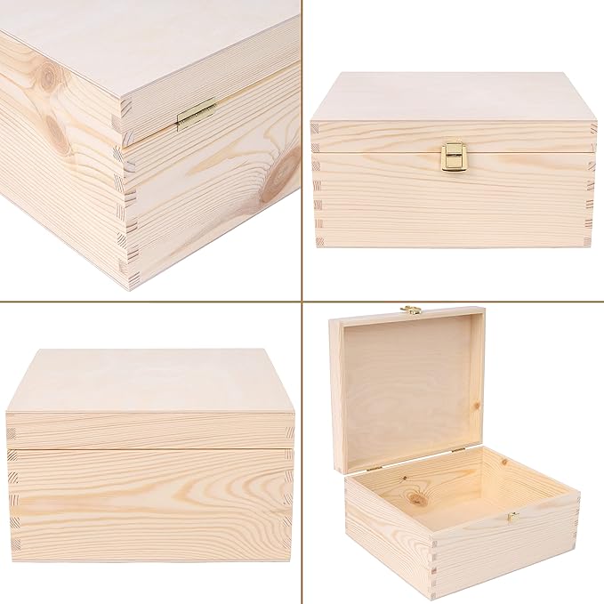 Creative Deco Wooden Storage Box Unpainted Plain | 11.41 x 9.84 x 5.51 in | Golden Latch &amp Lid | Perfect for Storing Valuables &amp Small Items in the Office or Bedroom | Keepsake Memory Trinket