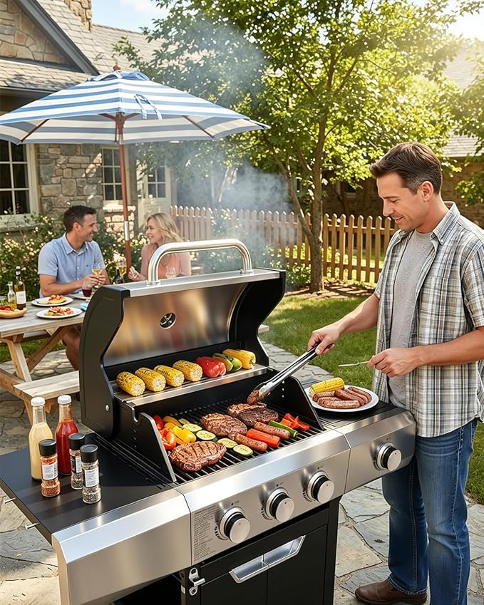 EUHOME 40500 BTU 3-Burner Propane Gas Grill with Side Burner Stainless Steel Outdoor BBQ Grill with 380 sq.in Cooking Space 4 Swivel Casters &amp Cast Iron Grates for Patio Backyard Garden