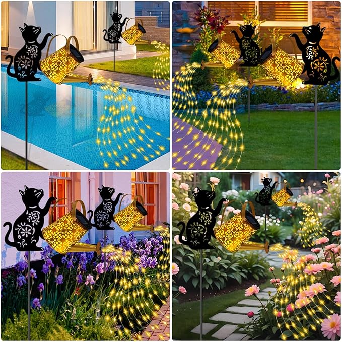Solar Lights Outdoor Decorative Watering Can with Cascading Lights with Cat Silhouette Garden Stakes Gifts for Mom Women Waterproof Metal Garden Decor for Yard Art Outside Patio Lawn Ornaments