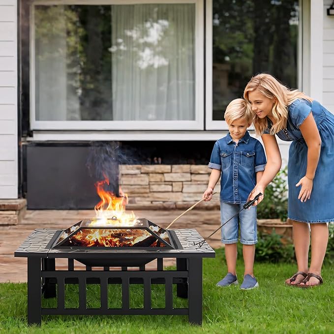 Greesum Multifunctional Patio Fire Pit Table 32in Square Metal BBQ Firepit Stove Backyard Garden Fireplace with Spark Screen Lid and Rain Cover for Camping Outdoor Heating Bonfire Dark Black