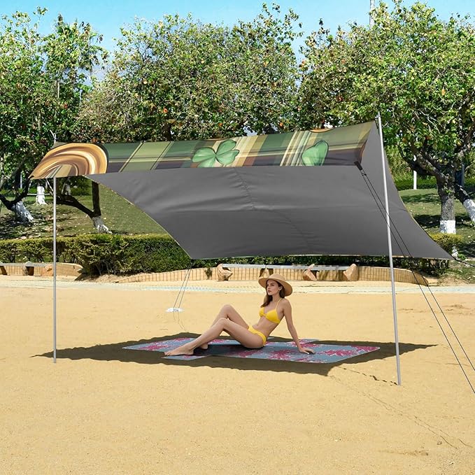 xigua St. Patrick's Day Beach Tent Sun Shelter with Carrying Bag - Silver Coated Oxford Fabric Beach Canopy for Beach Camping Fishing - Includes Windproof Ropes Sandbags &amp Stakes