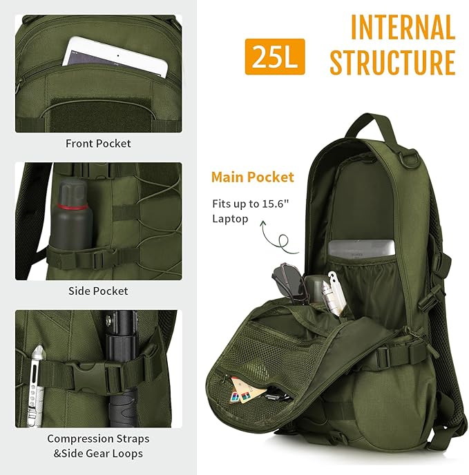 HUNTVP Tactical Backpack Outdoor MOLLE Military Hunting Rucksack Gear Assault Travel Daily 25L Pack Bag for Working Camping (Army Green)