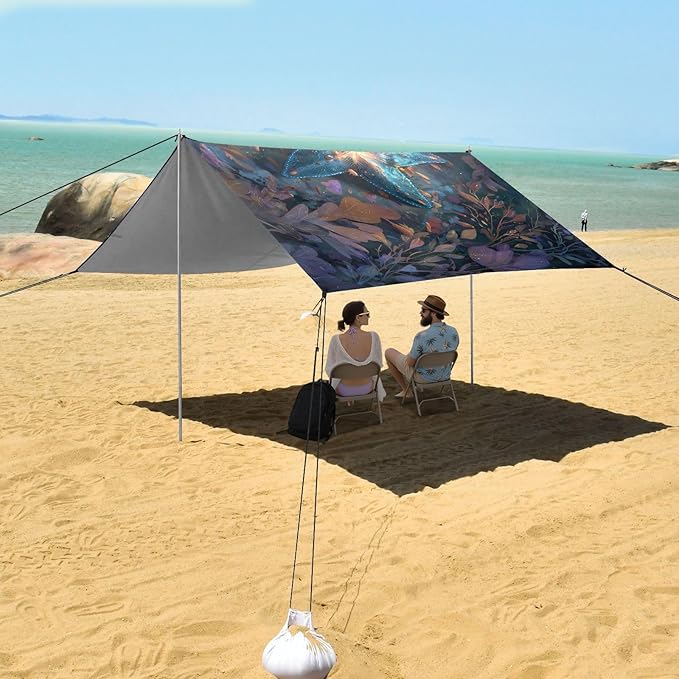 ALAZA Starfish Leaf Beach Tent Sun Shelter UPF50+ Protection Beach Shade Canopy w/ 4 Sandbags for Outdoor Camping Fishing Backyard Fun Picnic 10x9 ft