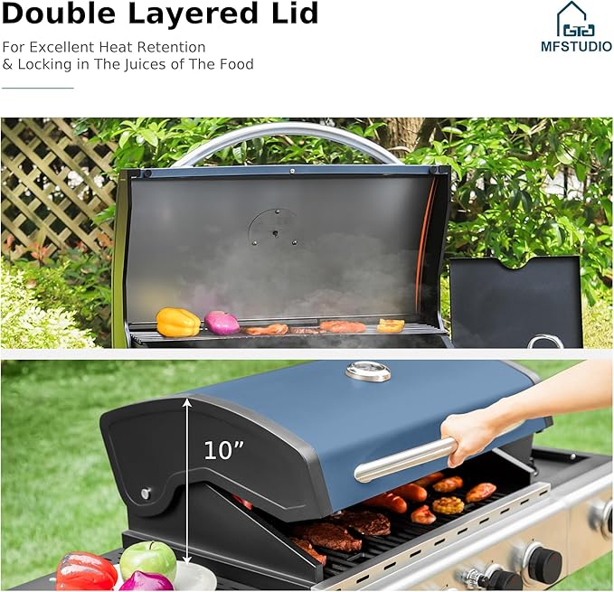 MFSTUDIO 4 Burner BBQ Gas Grill with Side Burner Propane Grills with Porcelain-Enameled Cast Iron Grates 42000 BTU for Outdoor Backyard Barbecue Cooking Blue