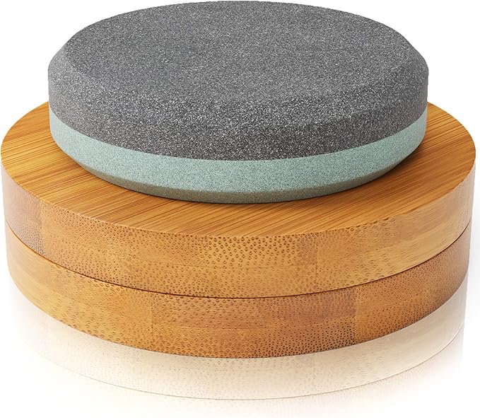 Sharp Pebble Puck/Disk - Axe/Hatchet Large Sharpening Stone- Whetstone Blade &amp Tool Sharpener- Dual Grit Multipurpose Waterstone Sharpener with Bamboo Box