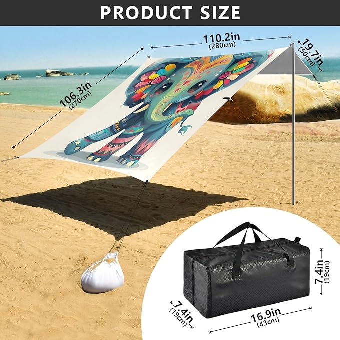 ALAZA Cute Elephant Boho Beach Tent Sun Shelter UPF50+ Protection Beach Shade Canopy w/ 4 Sandbags for Outdoor Camping Fishing Backyard Fun Picnic 10x9 ft