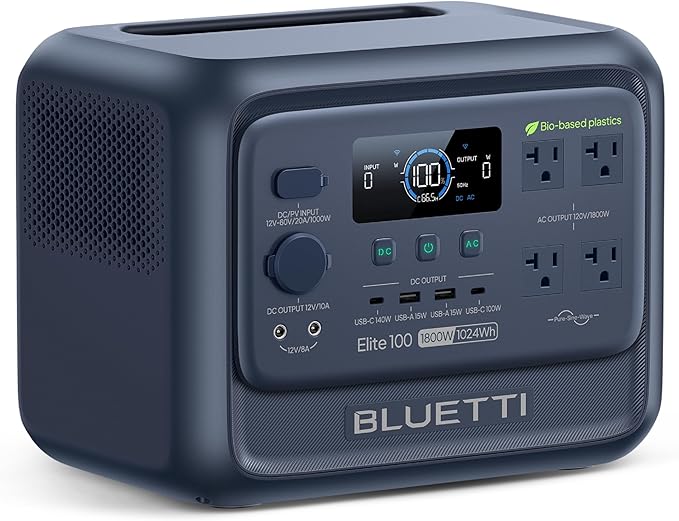 BLUETTI Elite 100 V2 (Bio-based) Portable Power Station 1024Wh LFP Battery Backup w/ 4 1800W AC Outlets (3600W Surge) 35% Smaller ISCC PLUS Certified Eco-Shell Solar Generator for Camping Outages