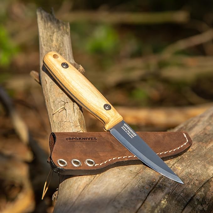 BPSKNIVES Finn Lite - Puukko Knife - Fixed-Blade Carbon Steel Knife with Leather Sheath - Small Full Tang Camping Knives - Scandinavian Camp Utility Knives