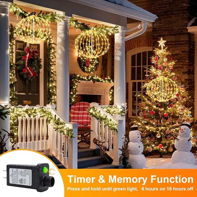 AGOTD Christmas Ball Lights Outdoor 2 Pack 8 Inch Compress LED Sphere String Lights with Memory Function Plug Waterproof Globe Lights for Xmas Tree Garden Porch Party Decor (Warm White)