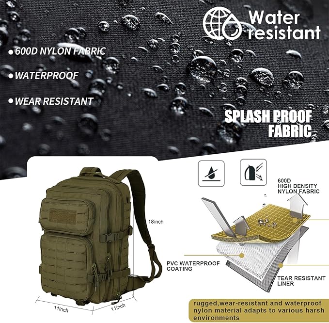 Small Tactical Backpack Assault Pack Bug Out Bag 40L Military Backpack with Molle for Hiking Hunting Rucksack Trekking (Green)