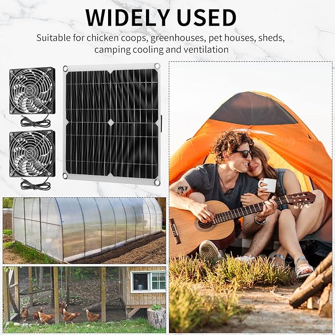 Riakrum 20W 16V Solar Panel Exhaust Fan Kit USB Portable Solar Powered Fan Summer Outdoor Waterproof Ventilator Fan for Chicken Coops Greenhouses Camping Exhaust (1 Set)