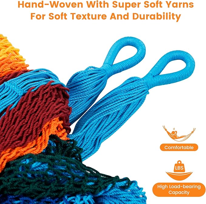 Lazy Daze Hammocks Handwoven Mayan Hammock 10.5 FT Soft Rope Double Hammocks Portable Outdoor Hammock with Carry Bag 2 Straps &amp Carabiners for Patio Outside 550 lbs Weight Capacity Rainbow