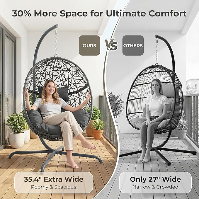BULEXYARD Oversized Hanging Egg Chair with Stand Indoor Outdoor Wicker Bird Cage Swing Chair Patio Hammock Egg-Shaped Swinging Chair with Dark Grey Cushion for Garden Bedroom 350LBS Capacity