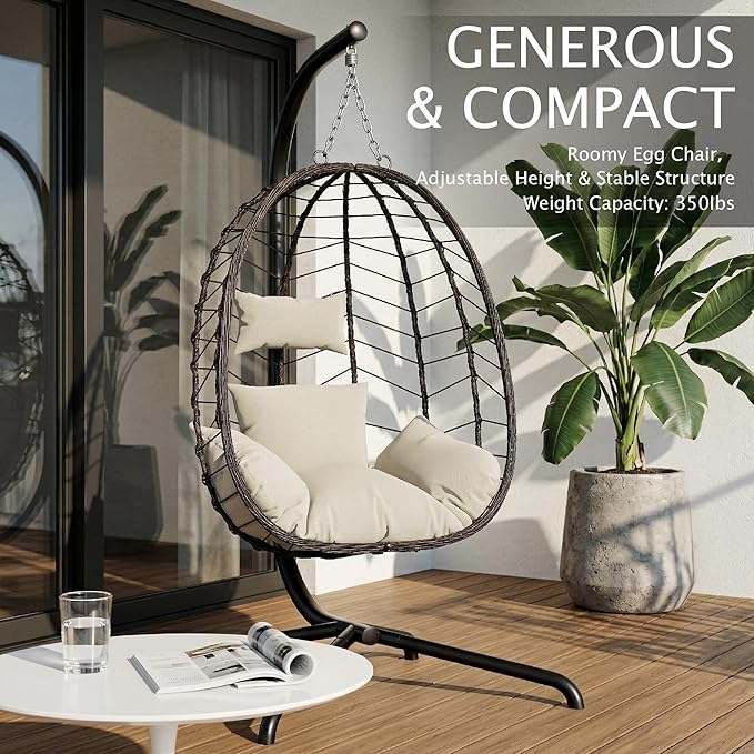 LEX CRAFT Hanging Egg Chair with Stand Swinging Egg Chair Outdoor Indoor Hanging Basket Chair with Cushion Patio Wicker Hammock Chair 350lbs Capacity for Porch Balcony Backyard Garden (Beige1)