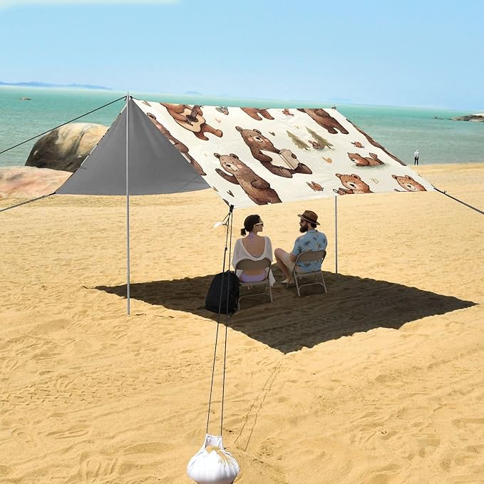 Brown Bears Daily Life Beach Tent Sun Shelter Set UPF50+ UV Protection 10.5 x 9.19 FT Camping Shade Canopy with Sandbags Sand Anchors Carrying Bag and Others