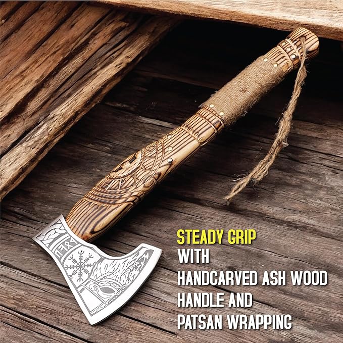 20 Handmade Carbon Steel Viking Axe with Hand Craved Ash Wood Shaft Viking Camping Axe &amp Hatchet. Beautiful Gift for Father Brother and for Him or Her (Medieval Axe)