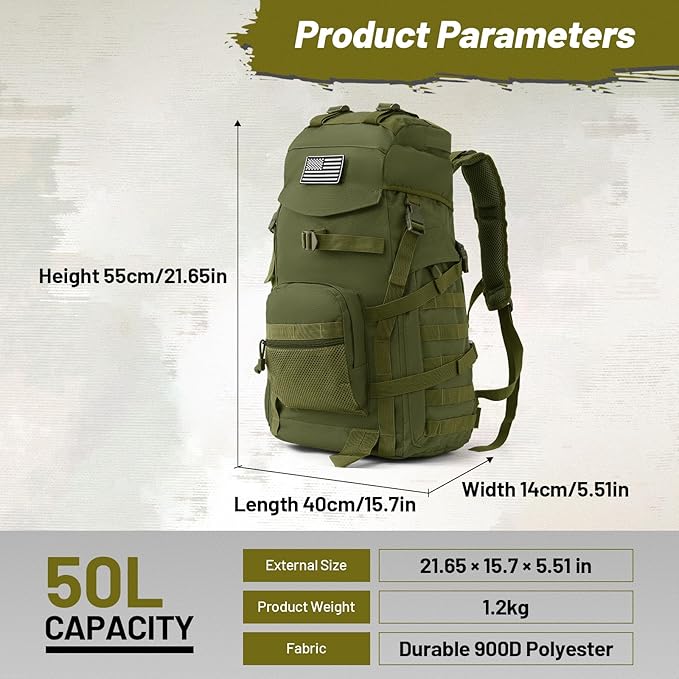 50L Tactical Backpack for Men and Women Water-Resistant Molle Rucksack Large Military Assault Pack for Hiking Hunting Camping Gym &amp Outdoor Survival Green