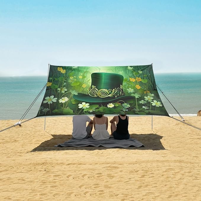 St Patrick's Day Leprechaun Hat Beach Tent Sun Shelter Set UPF50+ UV Protection 10.5 x 9.19 FT Camping Shade Canopy with Sandbags Sand Anchors Carrying Bag and Others