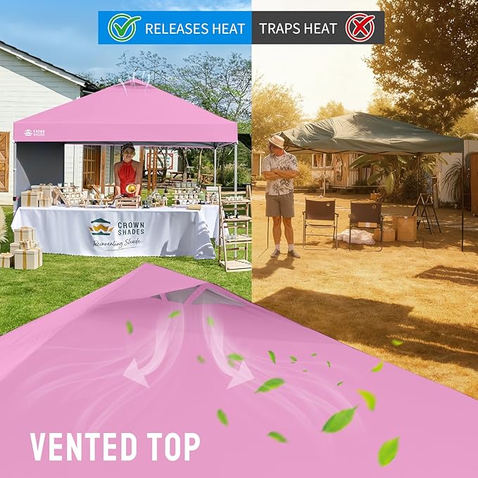 CROWN SHADES Canopy Tent 10 x 10 Foot Portable Pop Up Outdoor Shelter with 1 Sidewall Easy 1 Push Center Lock UV Protection and Carry Bag Pink