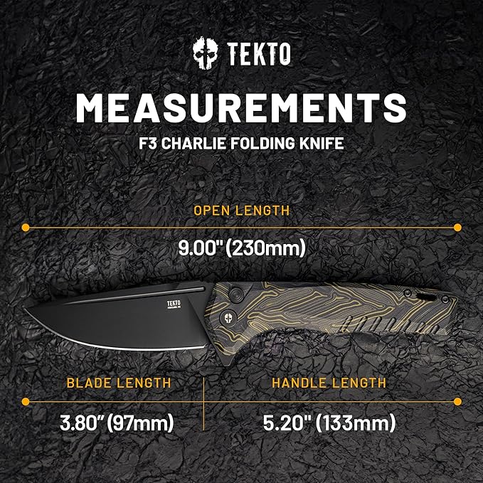 TEKTO F3 Charlie Button Lock Folding Knife Oversized Fine Edge Blade - Easy Open Pocket Knife with Titanium Coated D2 Steel &amp Black Titanium Barrel Spacers