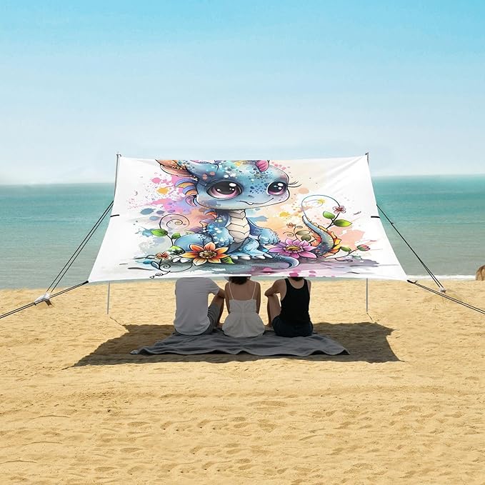 ALAZA Cute Dragon Baby Art Beach Tent Sun Shelter UPF50+ Protection Beach Shade Canopy w/ 4 Sandbags for Outdoor Camping Fishing Backyard Fun Picnic 10x9 ft