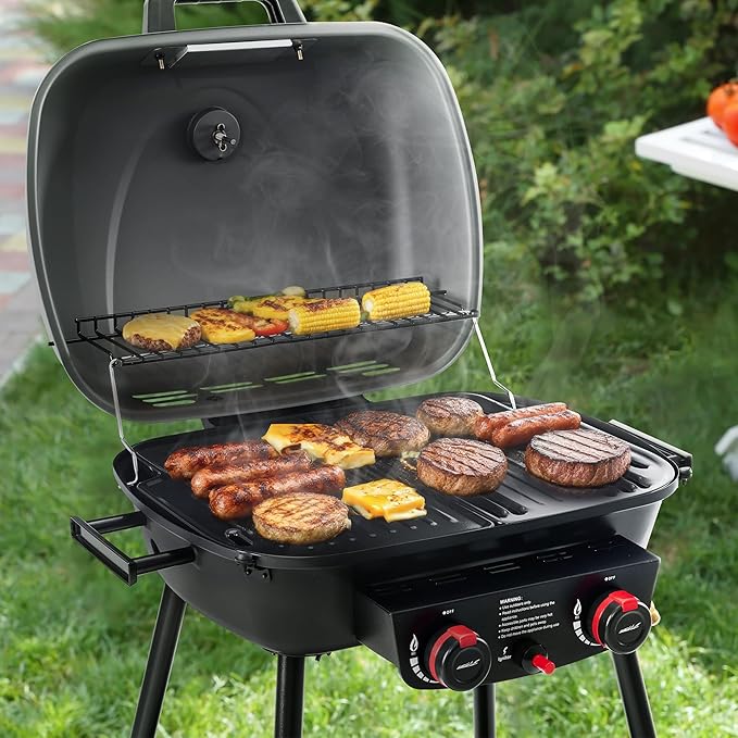 Royal Gourmet GT2003 Portable 2 Burner Propane Gas Grill with Stand and Warming Rack 2-in-1 Grill Griddle Combo with 17000 BTUs Output forCamping Tailgating Backyard Gray