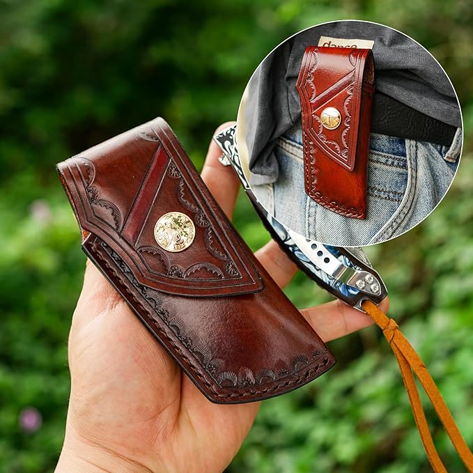 VNLA Handmade Damascus steel Folding Pocket knife. VG10 steel core men and women Folding knifeWith Leather sheathLining lockEbony inlaid with resin HandleEDC outdoor camping