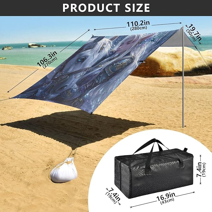 Archers Game Anime Girl Beach Canopy UPF50+ Protection Lightweight Large Portable Sun Shelter with Sand Shovel for Backyard and Camping