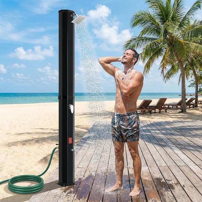TLSUNNY 16 Gallon Solar Heated Shower W/ 360° Rotating Shower Head &amp Faucet Freestanding Outdoor Shower W/ 210D Protective Cover Water Temperature Adjustment for Pool Garden Beach Spa Backy