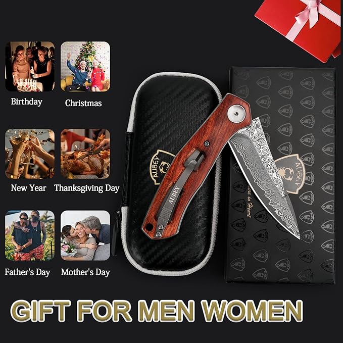 AUBEY Damascus Folding Knife with Wooden Handle
