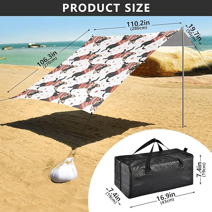 ALAZA Cute Dog Puppy Chihuahua Beach Tent Sun Shelter UPF50+ Protection Beach Shade Canopy w/ 4 Sandbags for Outdoor Camping Fishing Backyard Fun Picnic 10x9 ft