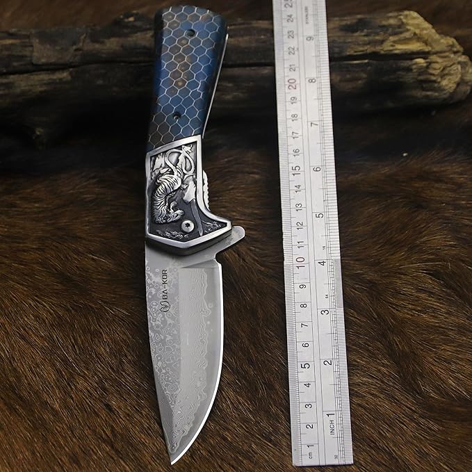 BA-KOR B21A Devil Tiger (XL) 248mm Damascus pocket knife featuring stainless steel and resin aluminum honeycomb-pattern handle &amp(5.9IN) cerium igniter suitable for both men and women as a campin