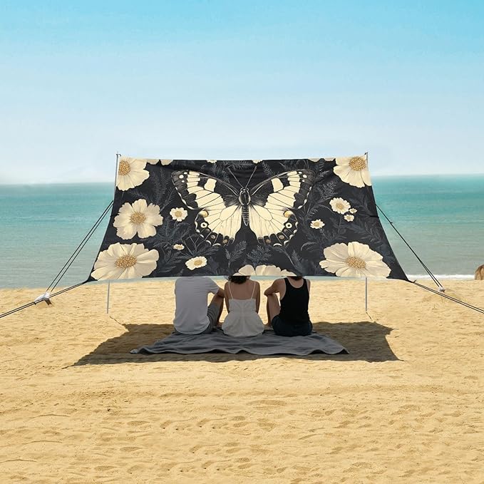 Butterfly and Flowers White Beach Tent Sun Shelter Set UPF50+ UV Protection 10.5 x 9.19 FT Camping Shade Canopy with Sandbags Sand Anchors Carrying Bag and Others