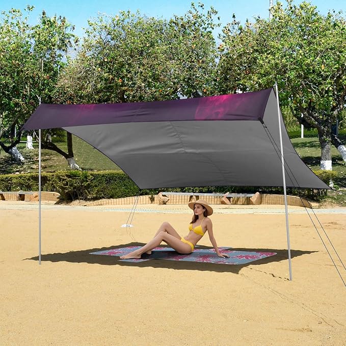Carnival Masquerade Mask Pattern Beach Tent Sun Shelter Set UPF50+ UV Protection 10.5 x 9.19 FT Camping Shade Canopy with Sandbags Sand Anchors Carrying Bag and Others