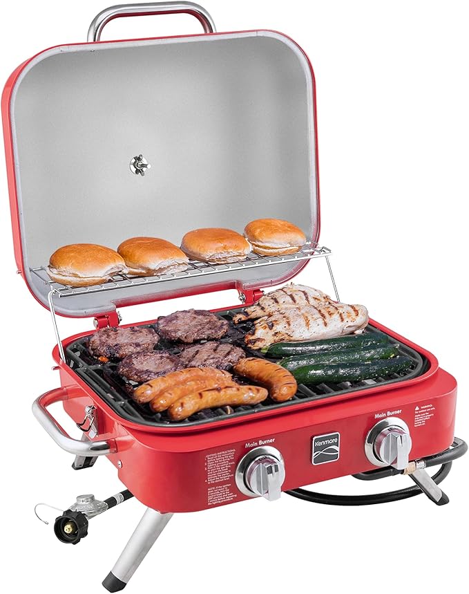 Kenmore Portable Propane Gas Grill - Tabletop BBQ Grill with Warming Rack 2 Stainless Steel Burners with 14000 BTUs for Outdoor Kitchen Camping Red