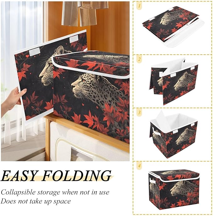 AIXIWAWA Lidded Storage Cube (Leopard Leaves) Fabric Foldable Closet Bins with Flip Lid and Handles Organizer Basket Container 16.5 x 12.6 x 11.8 IN