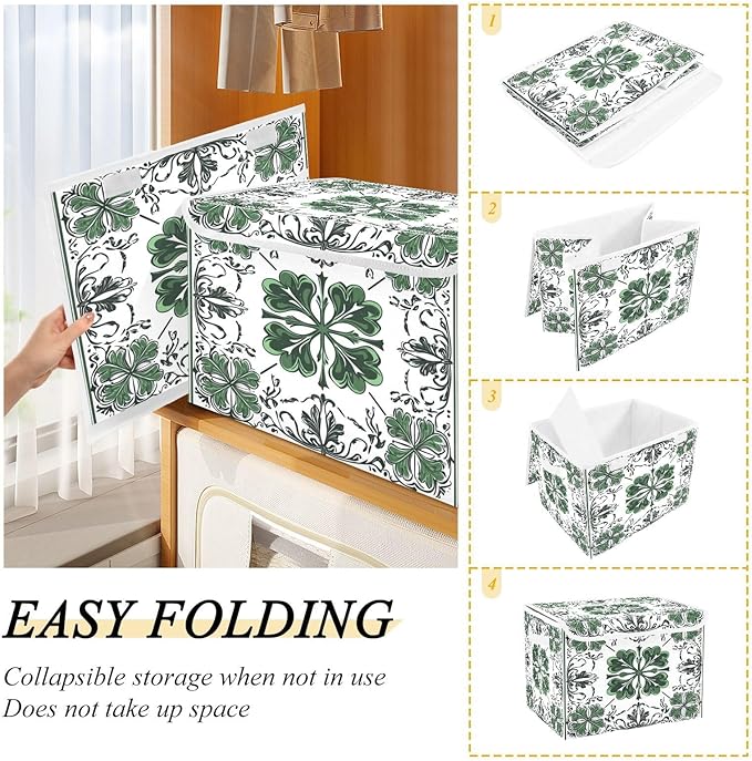 Lucky Leaf Tile Pattern Fabric Storage Bins with Lids and HandleFoldable Storage Bins with LidsCloset Organizers for Clothes Storage Room Organization Office Storage Chest Organizer