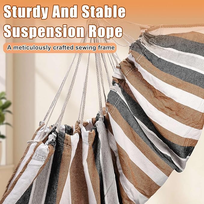 Hammock Chair Hanging Swing with 2 Pillows &amp Side Pocket Soft Cotton Tassel Swinging Chair with Strong Webbing Straps &amp Hooks Indoor Outdoor Comfort Seat (Brown)