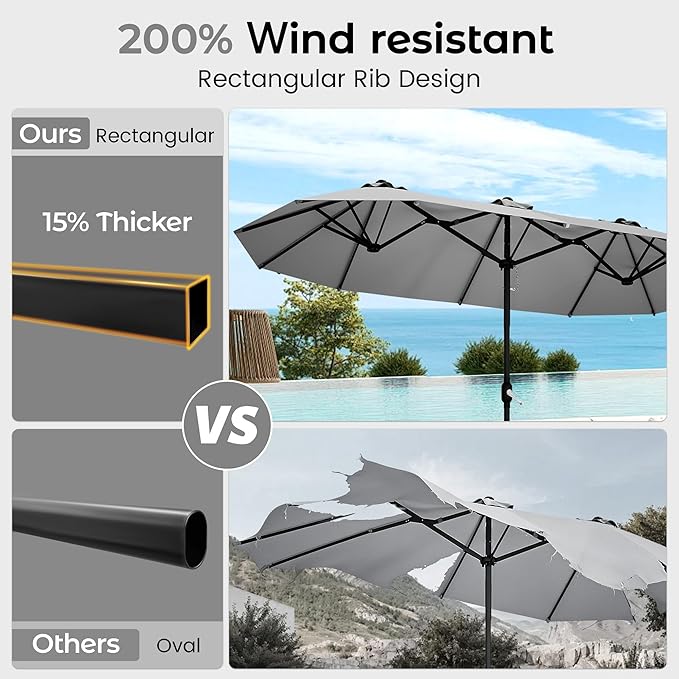 DomeShade 15ft Patio Umbrella with BaseLarge Outdoor Double-Sided Rectangle Umbrella with Crank Handle Market Umbrella for Poolside Garden Deck Backyard Beach Pools Gray