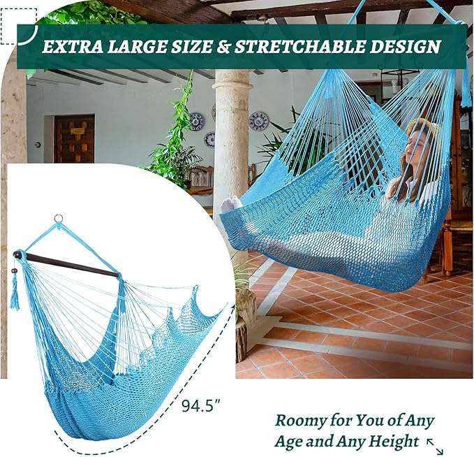 Caribbean Hammock Swing Chair with Spreader Bar Large Hammock Chair Hand Craft Rope Hanging Chair Outdoor Indoor Bedroom 330 LBS Weight Capacity Blue