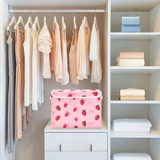 Collapsible Storage Bins with Lids Decorative Fabric Storage Cubes Closet Organizer and Storage Basket Boxes Containers for Clothes Box Chest Nursery Folding Rectangle Red Strawberry Bows