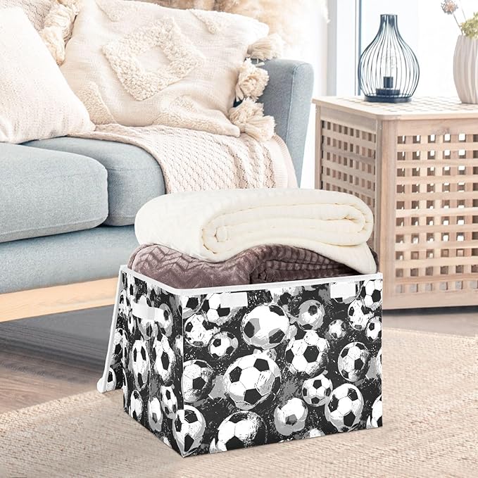 Black Soccers Collapsible Storage Bins with Lids Decorative Fabric Cubes Closet Organizer Basket Boxes Containers for Clothes Box Chest Folding Rectangle