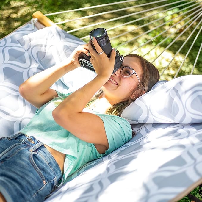 Large Hammock with 12FT Steel Stand Freestanding Hammock with Curved Spreader Bar Pillow and Portable Bag for Outside Gray Ripples