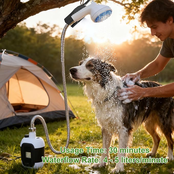 Ymiko Portable Camping Shower with Built in Light 2000mAh Battery Operated Outdoor Shower Pump with Flexible Mounting System for Camping Hiking Travel Washing Pets and Vehicles
