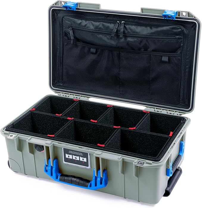 Pelican Air 1535 Carry-On Sage Green - Medium Size Waterproof Case with TrekPak Kit &amp Combo Lid Organizer - Blue Handles &amp Latches