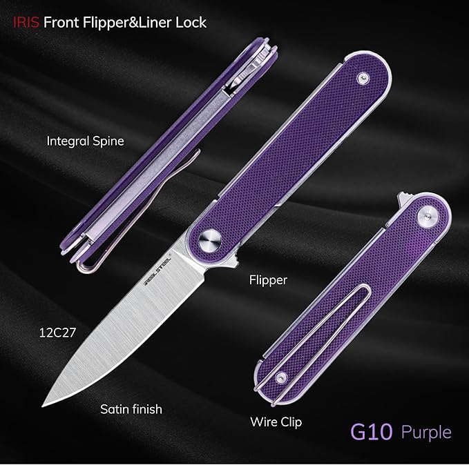 REALSTEEL IRIS Pocket Knife Folding Knife Flipper Liner Lock 2.99 12C27 Steel Blade Lightweight G10 Handle 1.74oz Deep-carry Pocket Clip EDC Outdoor Indoor Gifts for Men Women Camping Hiking