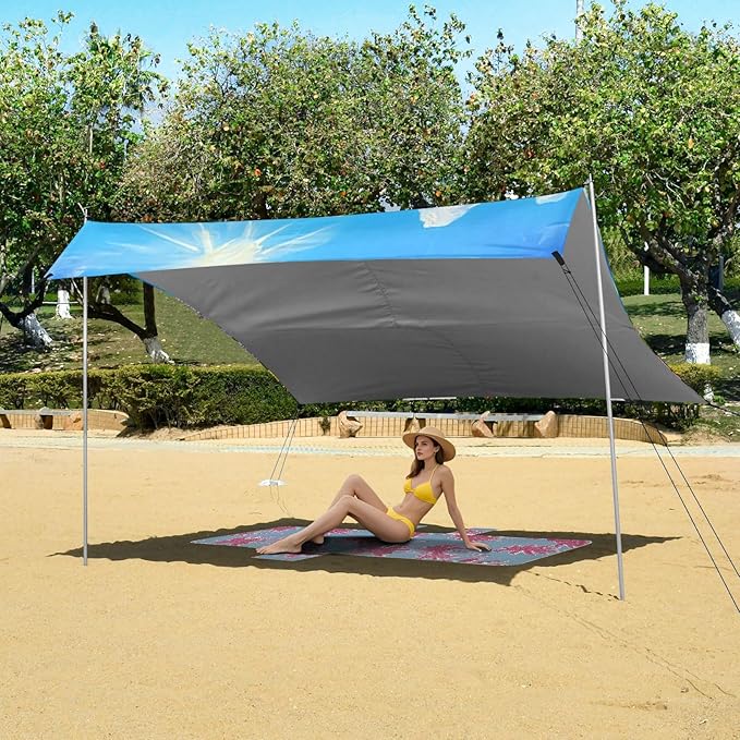 Beach Canopy with Windproof Ropes &amp Sandbags Beach Tent Sun Shade Sun Shelter for Camping Trips Fishing Backyard Fun or Picnics Landscape